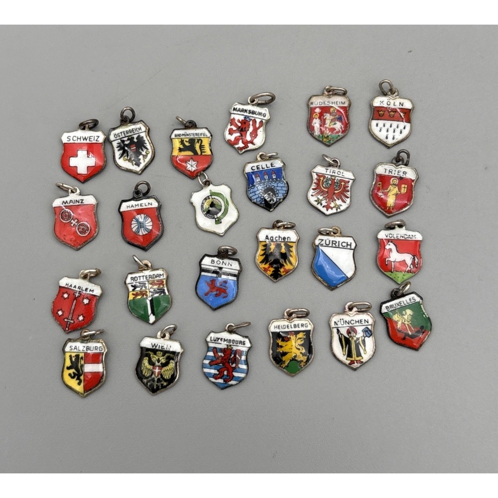 Lot of 24 Vintage 800 Silver REU ANTIKO Enamel European Travel Shield Charms 25g